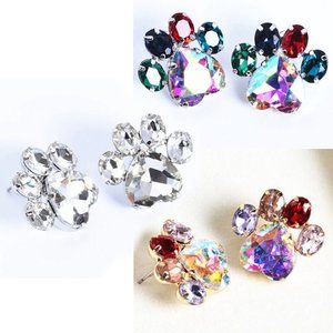 Colorful Rhinestone Paw design stud earrings animal footprint